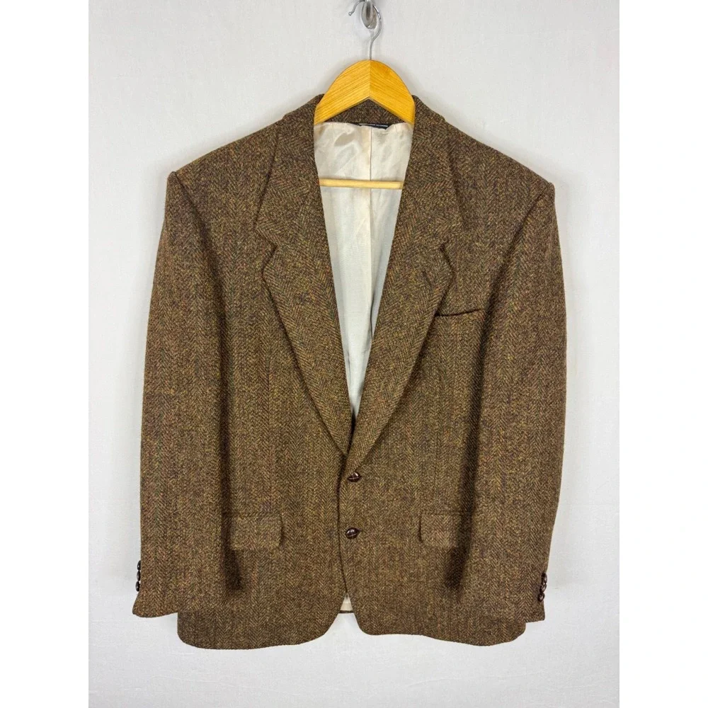 Harris Tweed Moores Mens 44 Reg Brown Herringbone Wool Blazer Sport Coat Vintage